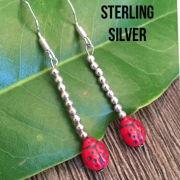 Sterling Silver Bead Earrings with Ladybug - Picture 3 of 14